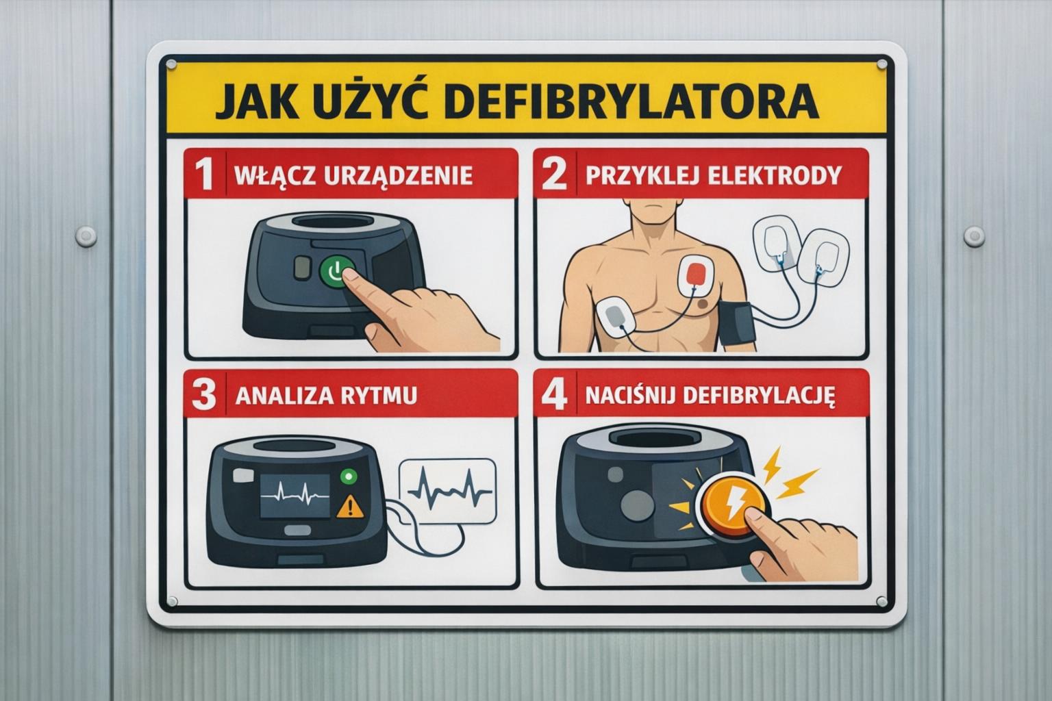 Zdjęcie instrukcji obsługi defibrylatora na panelu informacyjnym
